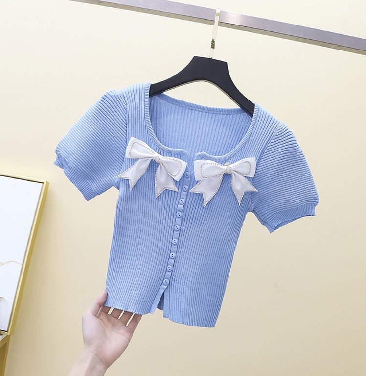 Women's Sweet Cute Bowknot Short Sleeve Slim Cardigan Sweater Korean Style Knitted Thin Fashion Chic Top Female 210519
