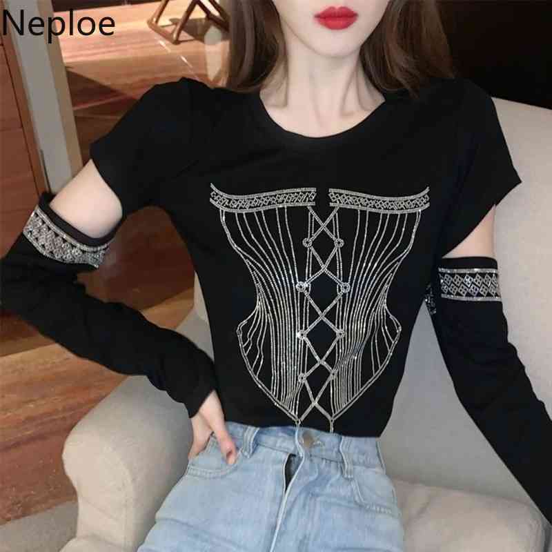 Neploe Chic Shirts Women Bling Miamonds Hollow Out Tshirts O-neck Long Sleeve Tees Slim All-match Korean Female Tops 95163 210422