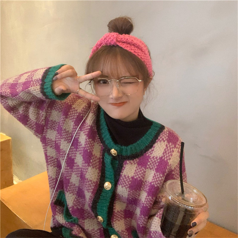 Color-Hit Vintage Girls Retro Autumn Chic All-Match Regular High Street Loose Cardigans Casual Knitted Sweaters 210421