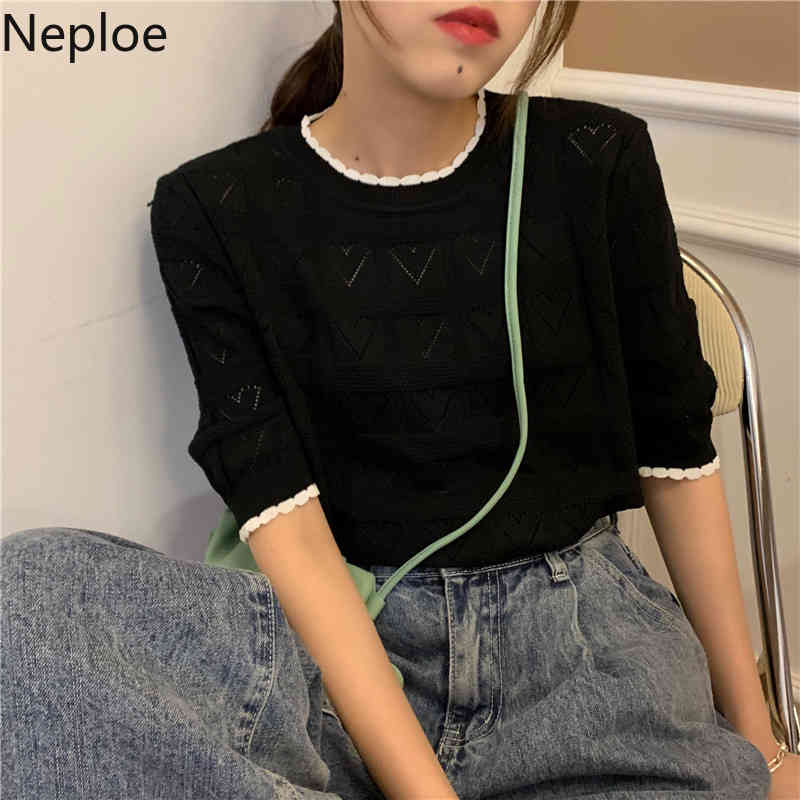 Neploe Women's T-shirts O Neck Short Sleeve Knitted Tops Summer Korean New Loose Solid Pullover Hollow Out Tees Shirt Femme 210422