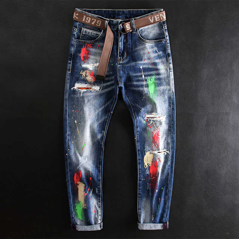 American Street Fashion Men Jeans Retro Blue Elastic Slim Fit Ripped Painted Designer Hip Hop Splashed Denim Pants
American Street Fashion Men Jeans Retro Blue Elastic Slim Fit Ripped Painted Designer Hip Hop Splashed Denim Pants