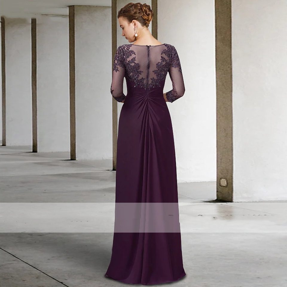 Graceful Purple Sheath Long Evening Dresses For Women Jewel neck Lace Appliqued Beads 3/4 Long Sleeve Mother Guest Formal Occasion Wear 2022 Prom Part