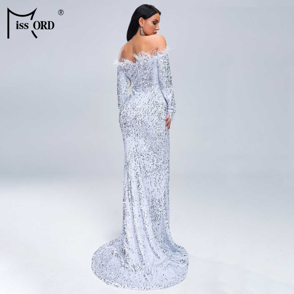 Missord Sexy Off Shoulder Feather Long Sleeve Sequin floor length Evening Party Maxi Reflective Dress Vestdios FT19005 210630