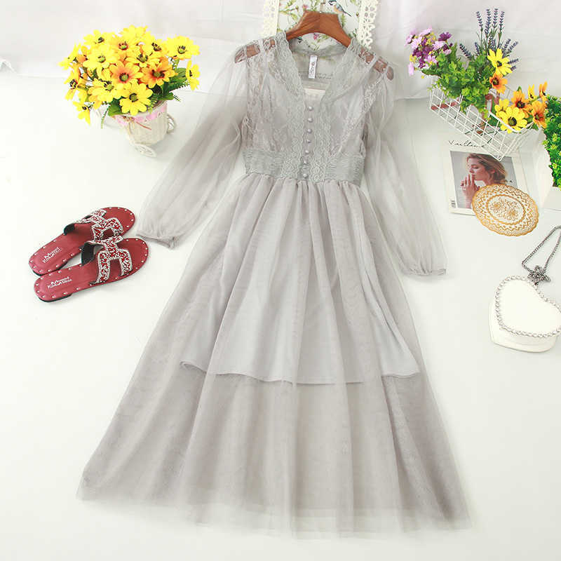 LY VAREY LIN Summer Sweet Puff Sleeve Netting Dress Solid A Line High Waist Medium 210526