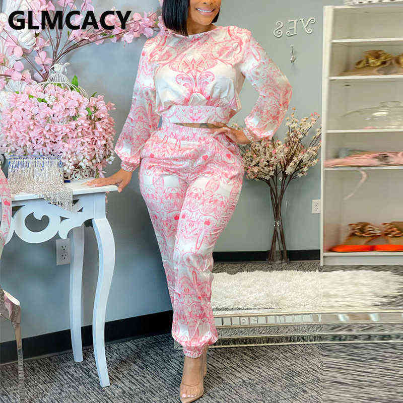 Two Pieces Sets Women Short Sleeve Printed Top & Bodycon Pants 211105