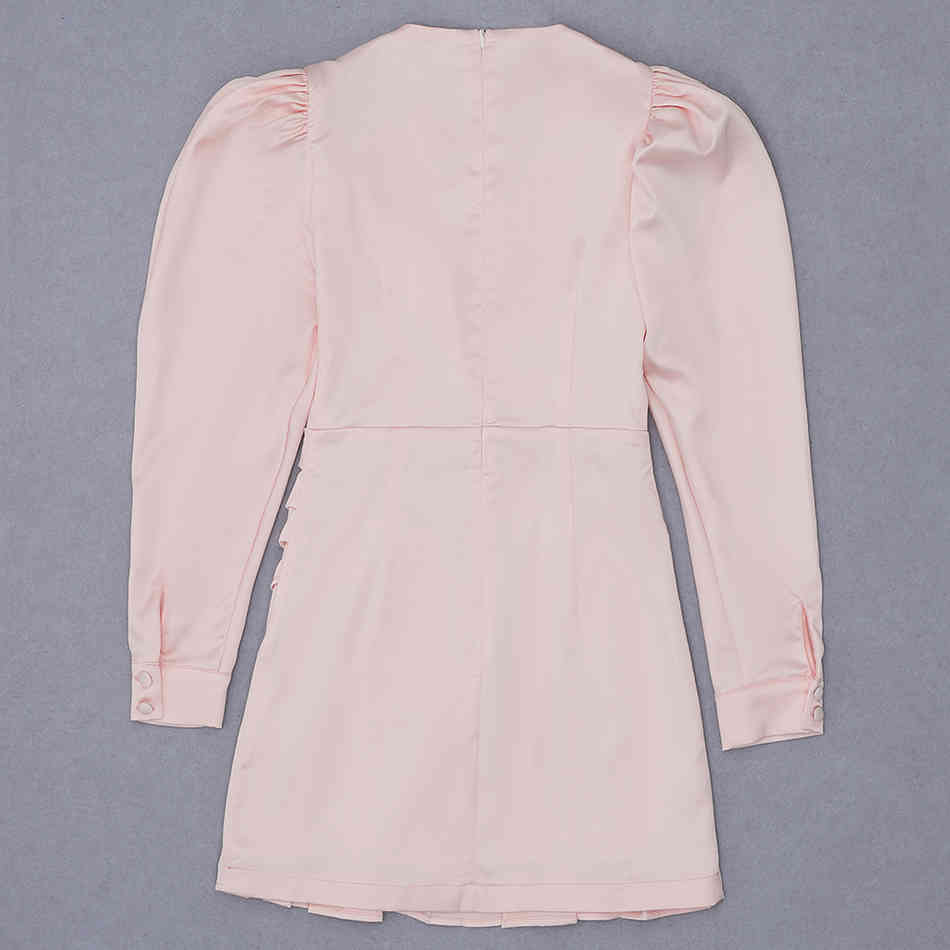 Free Women's Pink Satin Dress V-neck Bubble Long Sleeve Bodycon Draped Mini Celebrity Club Party Vestido 210524