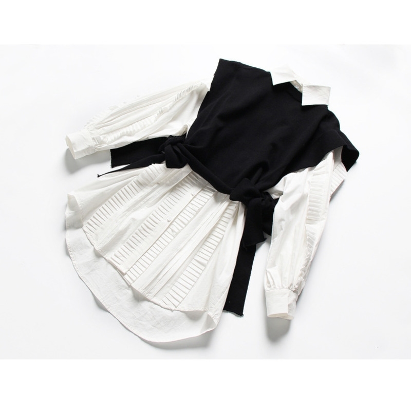 DEAT new spring fashion women clothes round neck sleeves knits vest turn-down collar ruffles single breasted dress WE12800M 210409