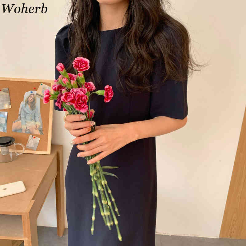 Gentle Girls Solid Summer Chic Minimalist O-Neck All Match Fashion Long Dresses Retro Cute Femme Robe Vestidos 210519