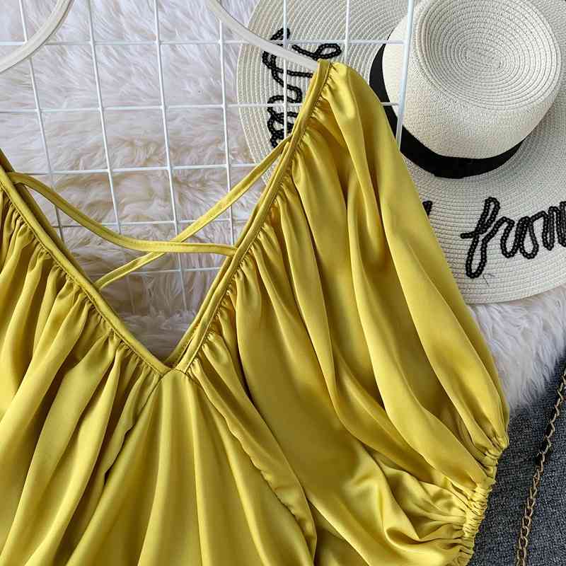 Retro Solid Plated Fashion Vestidos Elegant Korean Puff Sleeve Women Dress Summer V-neck Midi Dresses 210521
