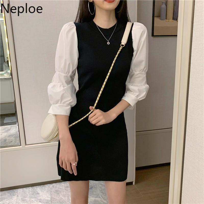 Neploe Fashion Mini Dresses Patchwork Contrast Color Bodycon Dress for Women Sweet Robe Korean Slim Waist Knit Vestidos 210422
