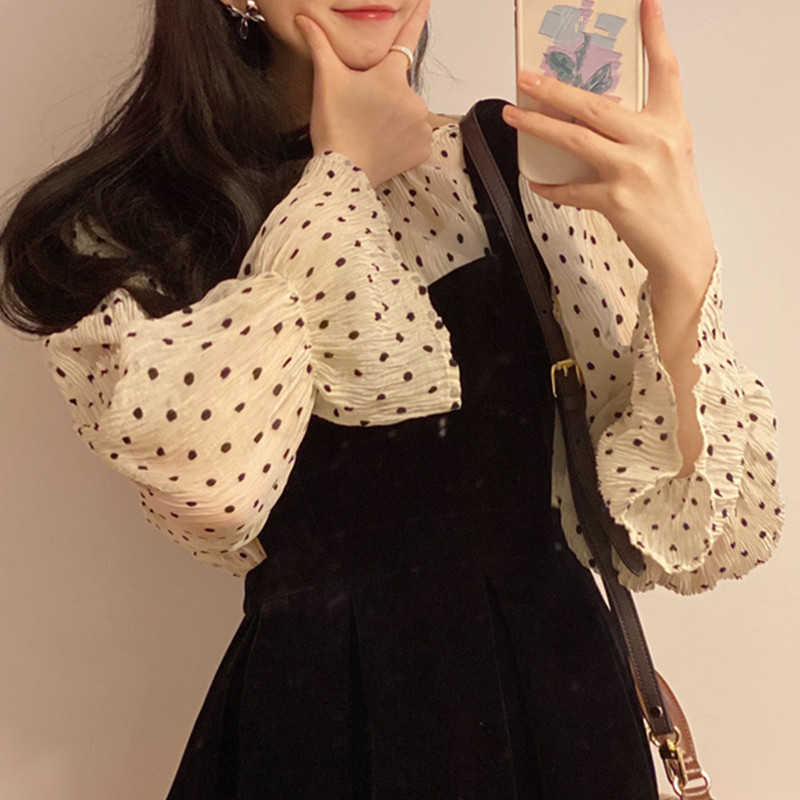 Spring Women 2Pieces Sets Dot Flare Sleeve Blouse Shirt + Slim Wiast A-line Velour Sling Dress Korean Suits 6E792 210603
