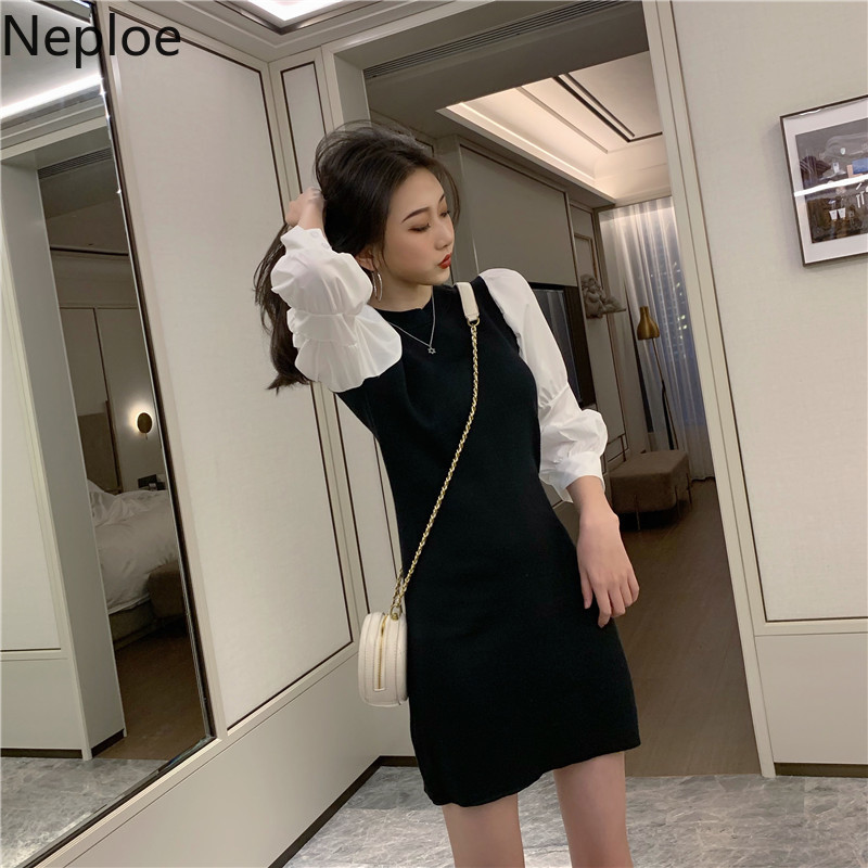 Neploe Fashion Mini Dresses Patchwork Contrast Color Bodycon Dress for Women Sweet Robe Korean Slim Waist Knit Vestidos 210422