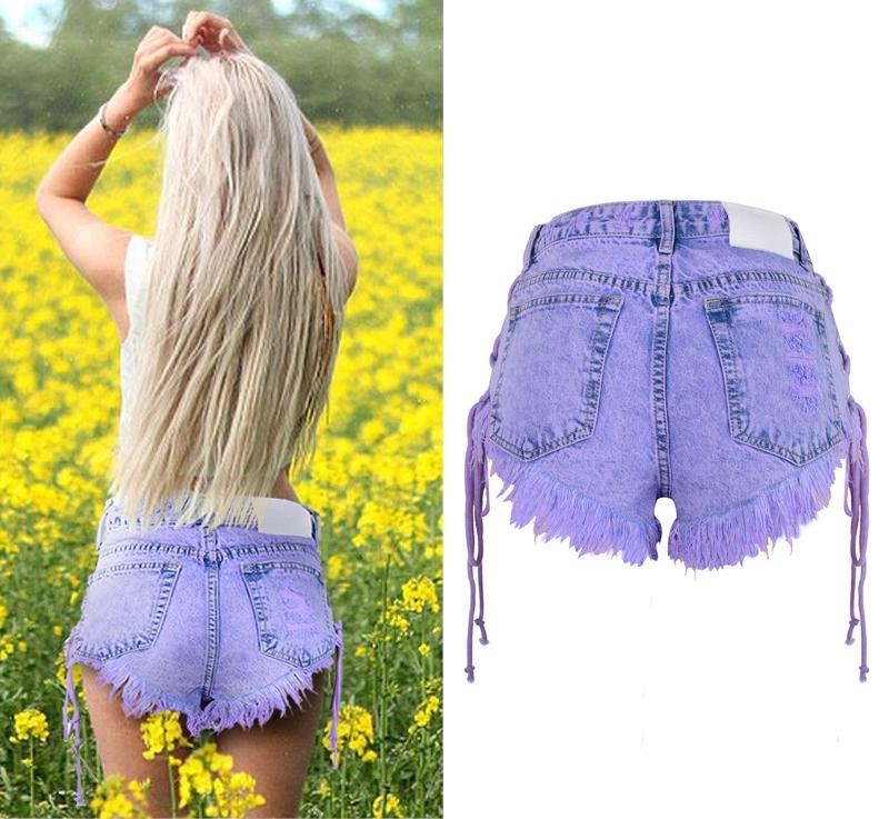 Summer Macaron Purple Women Denim Shorts With High Waist Torn Fashion Sexy Holes Plus Size XXL SURETIMES Women's