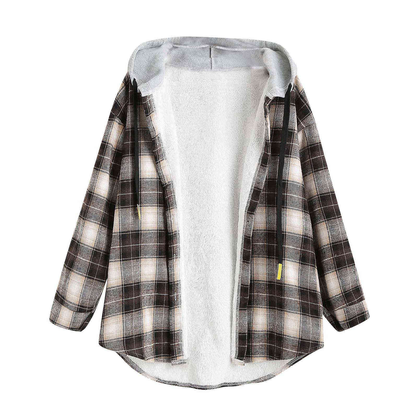Winter Clothes Women's Hoodie Sweatshirt Casual Long Sleeve Plaid Buttoned Curved Hem Hooded Warm Coat Jacket 211109