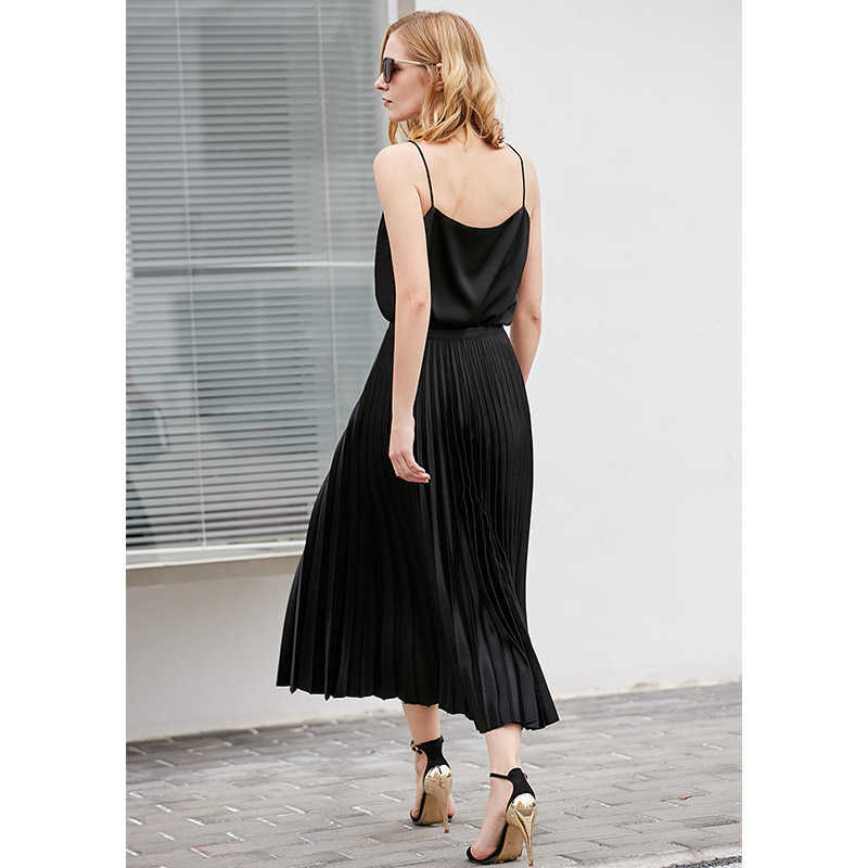 Minimalism Summer Women's Skirt Fashion Solid Pleated Calf-length Black Causal Chiffon 12130275 210527