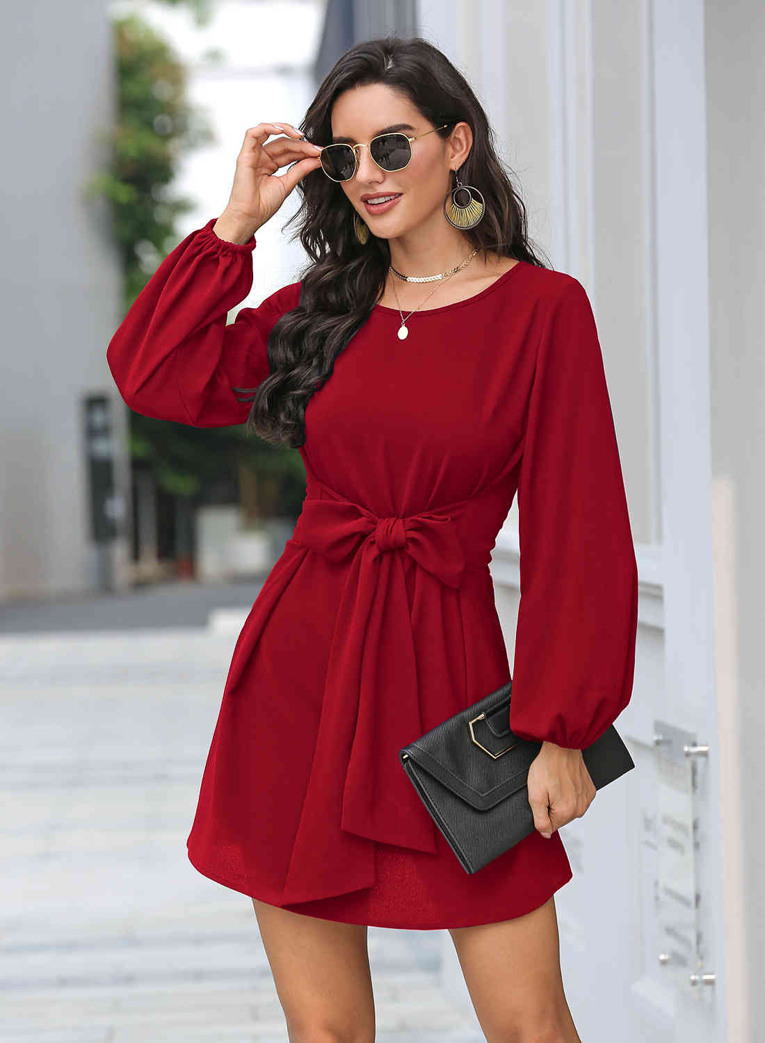 Autumn Solid Color Round Neck Bow Chiffon Dress Women Fashion Temperament Lantern Sleeve Short Pullover 210522
