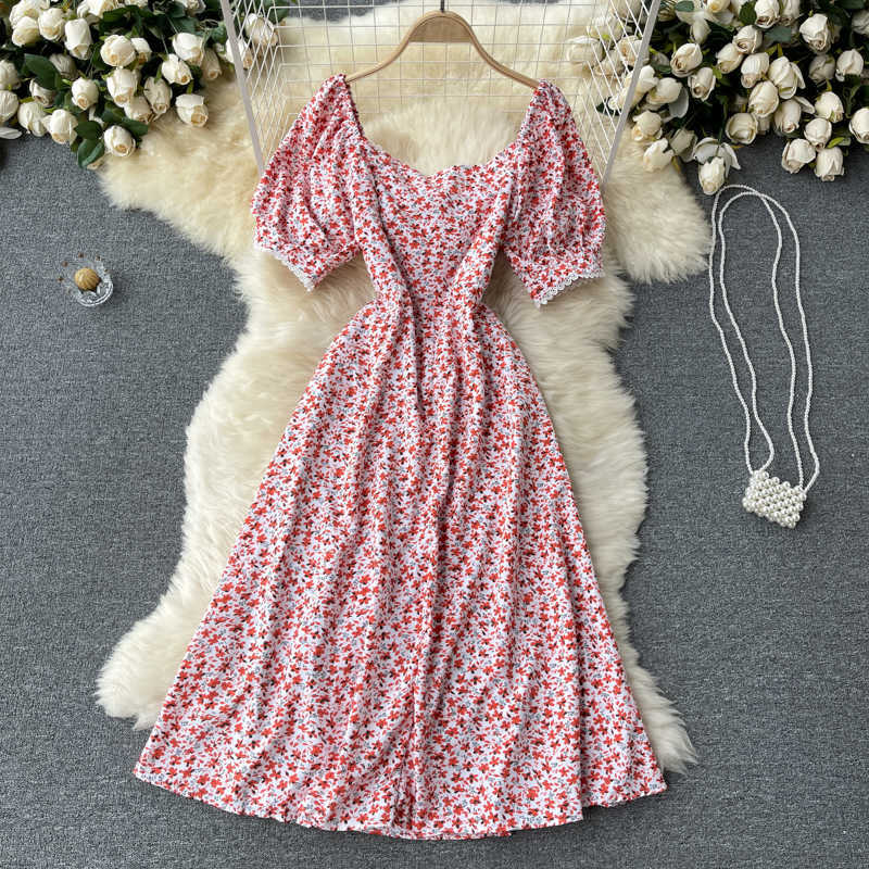DEAT Women Printing Lace Dress Square Collar Puff Sleeve Arrivals Lady Temperament Fashion Spring Summer 11D565 210709