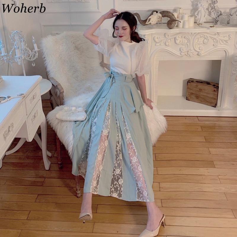 Elegant Lace Skirts Womens Faldas Largas Mujer Korean Fashion Clothing Bandage Pleated Skirt Summer Kawaii Femme 210519