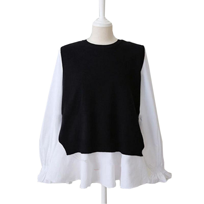 Nomikuma Women Blouse Sweet Knitted Vest Set Flare Long Sleeve Casual Blusas Shirt + Back Split Causal Sweater Vests Suits 6D780 210427