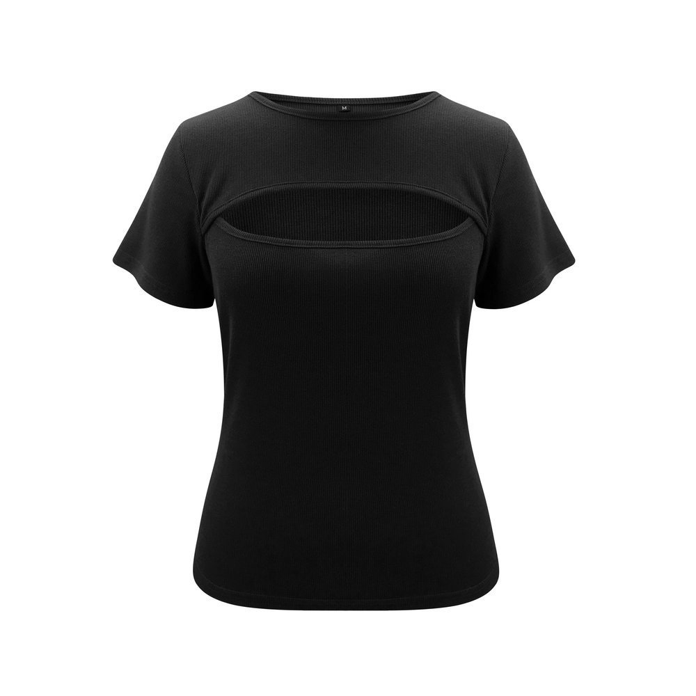 Sexy Solid T-Shirts Women Summer Fashion Streetwear Short Sleeve Black Pink Tops Elegant Hollow Out O Neck Slim T-shirts Ladies 210522