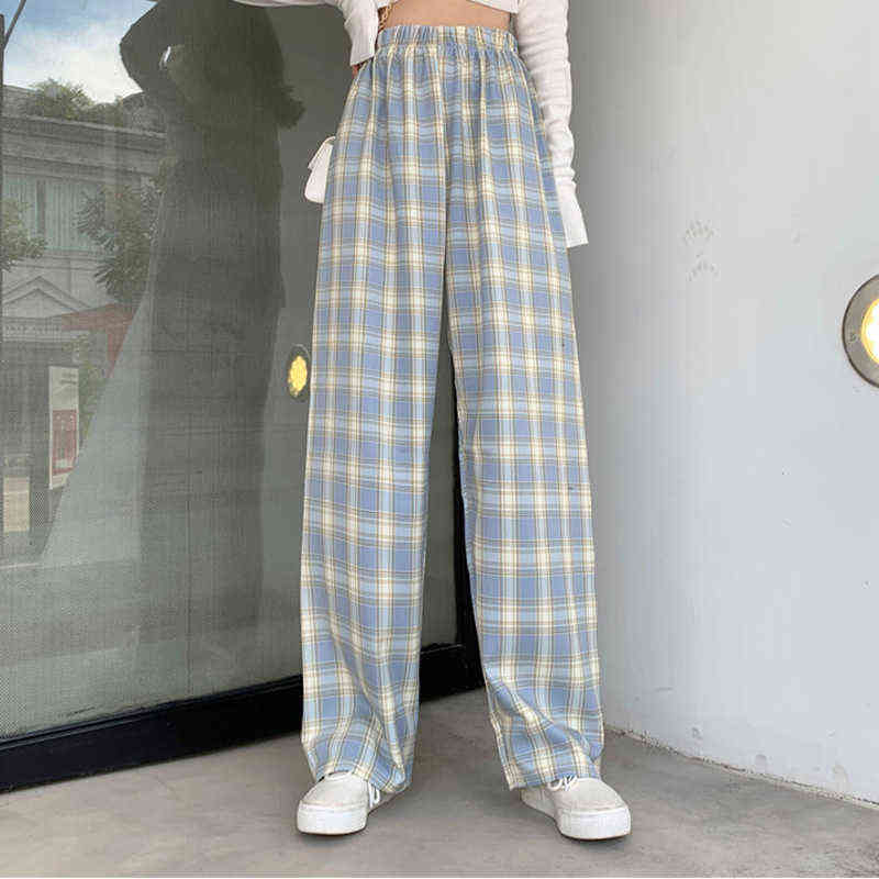 INS Baggy Blue Pants Lady Oversized Wide Leg Plaid Slacks Harem Student Autumn Purple Pink Long Flare Trousers 211115