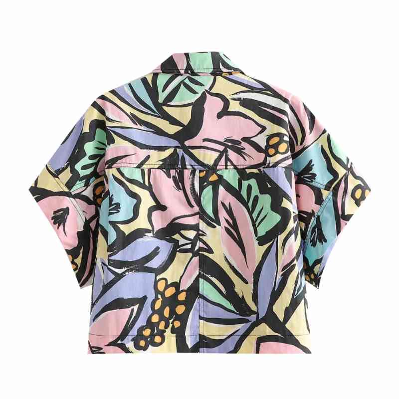 Summer Women Color Printing Patch Pocket Loose Blouse Female Short Sleeve Shirt Casual Lady Tops Blusas S8875 210430