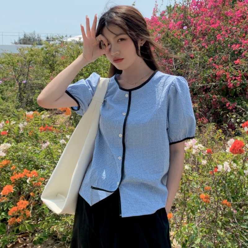 Korean Plaid Shirt Puff Sleeve Singe Breasted O-neck Blusas Causal Summer Sweer Blouse Tops 6H438 210603