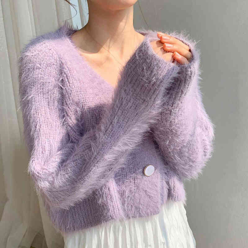 knitted fluffy purple cardigans sweater women long sleeve fuzzy button casual cardigan autumn winter ourfit 210427