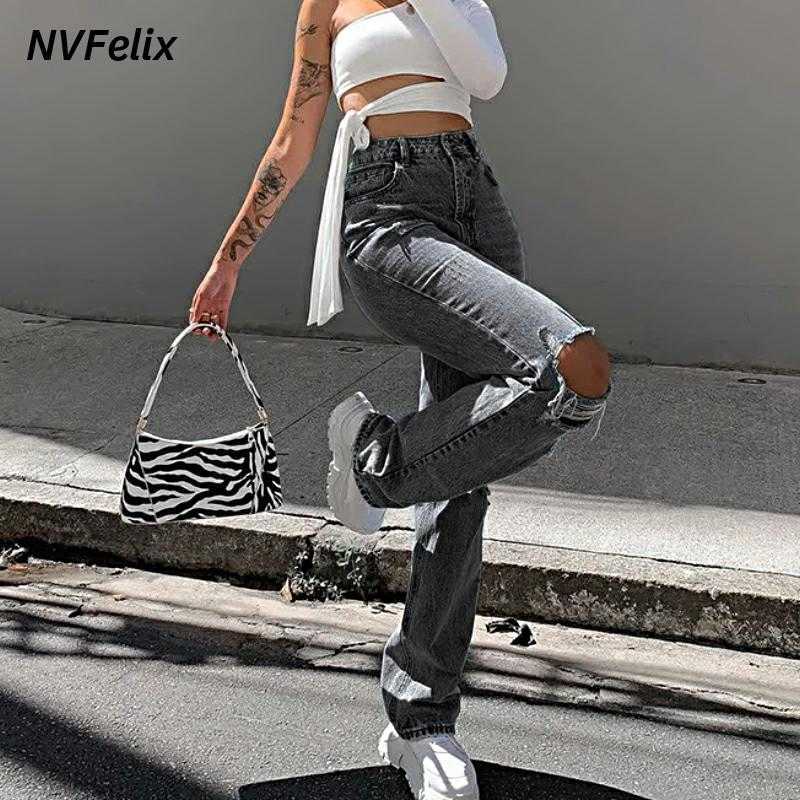 Ripped High Waist Jeans Women Straight Leg Loose Boyfriend Jean Pants Casual Wash Denim Trousers Fashion Streetwear Baggy 210922