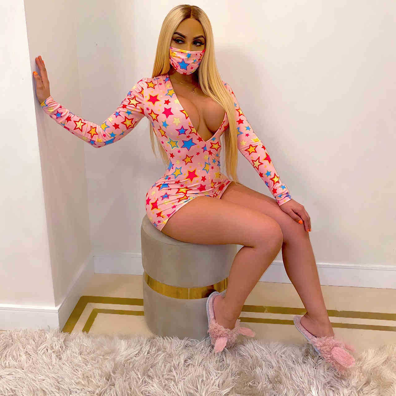 Sexy Skinny Jumpsuit Deep V-Neck Women Long Sleeved Summer Playsuits Cartoon Ice Cream Print Cute Jumpsuits 2021