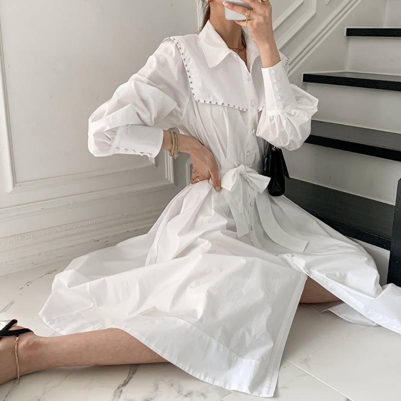 Spring Elegant Rivet Shirts Dress Vestidos Women Clothing Vintage Single-breasted OL Work Lace Up Casual Dresses Female 210518