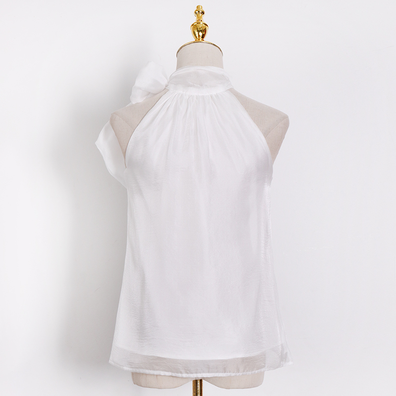 White Patchwork Bowknot Shirt For Women Stand Collar Sleeveless Elegant Blouse Female Fashion Clothing Spring 210524