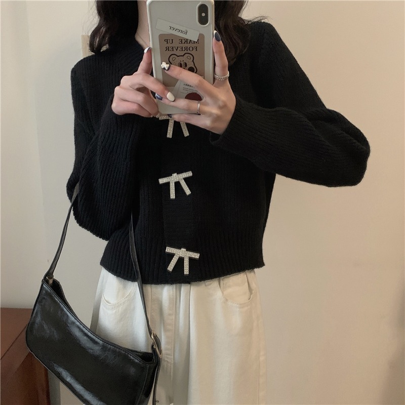Sweater Autumn V Neck Full Red Knitted Cardigan Short Slim Outfits Bow Diamond Single Breasted Knitwear Top Jumpers Retro Korean 210429