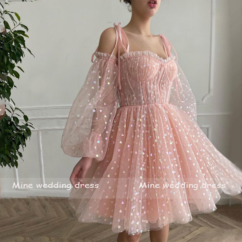 Spaghetti Dresses Straps Sweetheart PleatsTulle 3/4 Sleeve Knee-Length Short Prom Dresses Formal Evening Party Gowns