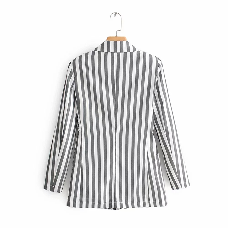 Autumn-Spring Women Casual Gray With White Striped Blazer Fashion Long Sleeve Single Breasted Jacket Outwear feminino 210421