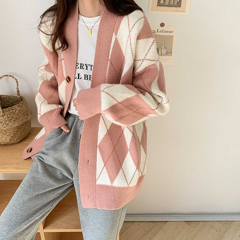 Knitted Sweater Cardigan Woman Coat Diamond Jumpers Long Sleeve Top Female Loose Pink Black Argyle Women Antumn 210914