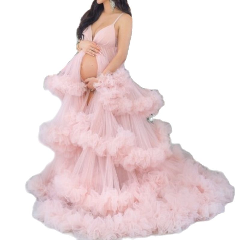 Sexy Pink Maternity Gown Tulle Floor Length Dresses V Neck Train Photo Shoot Pregant Women Party Prom Gowns