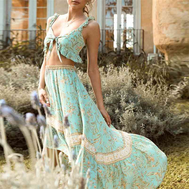 Floral print women summer dress 2 pieces set beach wrap maxi long sleeve casual holiday boho 210415