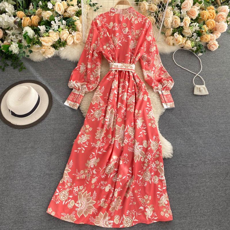 Women Stand Collar Lantern Sleeves Waistband Single-breasted Retro Printed Flowers Red Long Dress Ladies Casual Dresses