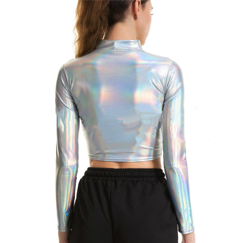 Women Liquid Metallic Long Sleeve Crop Top Punk Turtleneck Holographic T Shirt Cropped Tops For Rave Club Dance Mock Neck Shirt 210406