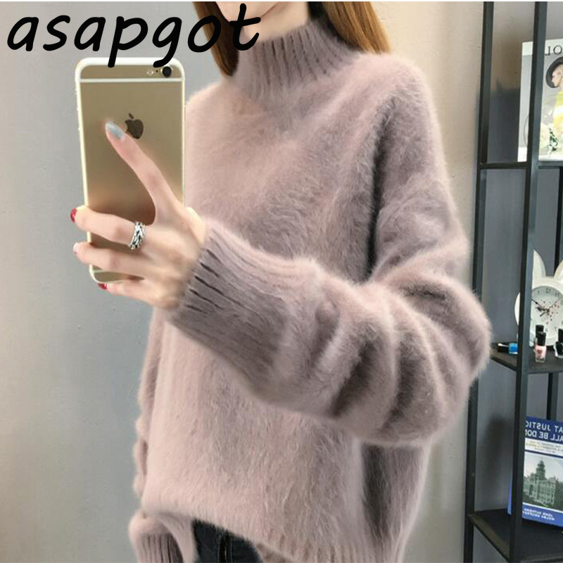 Minimalism Mohair Fashion White Half Turtleneck Plus Size Winter Sweaters Chic Korean Loose Outwear Knitwear Tops Pull Solid 210429