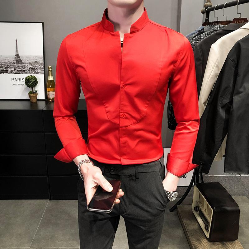 Vintage Stand Collar White Classic Shirts Mens Wedding Dress Retro British Style Fitted Party Mandarin Men's Casual