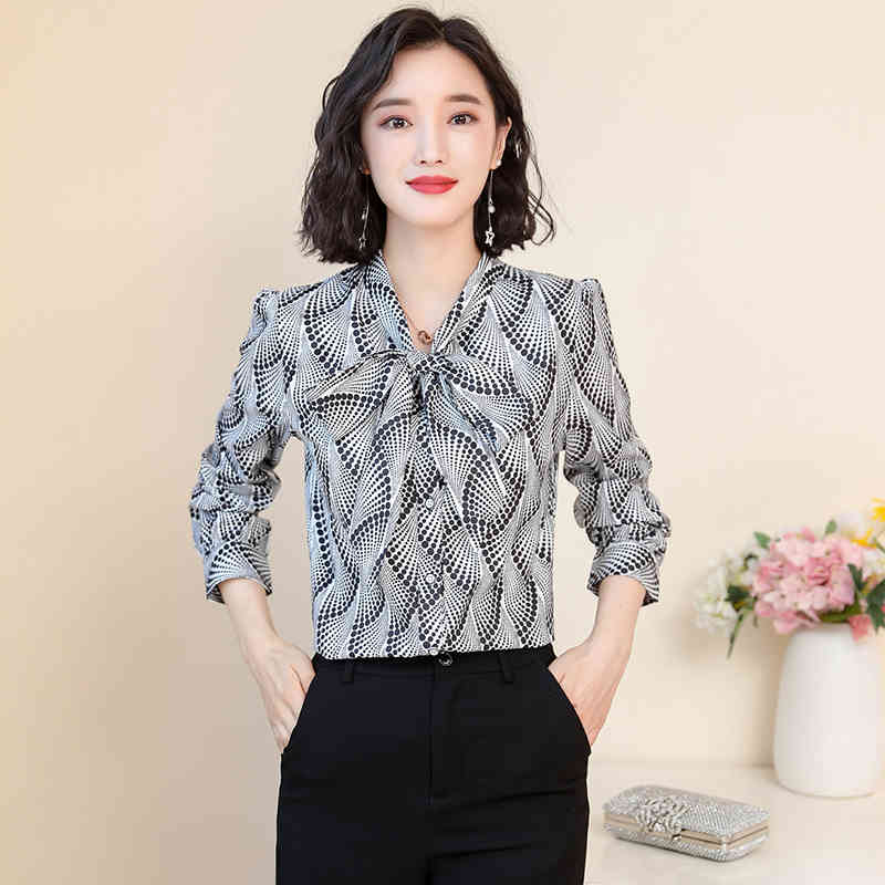 Arrival Bow Blouse Casual Women Tops and Elegant Loose Long Sleeve Chiffon female clothes 6581 50 210506