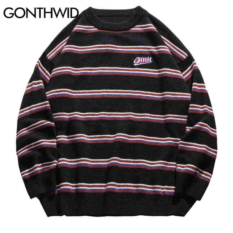 GONTHWID Harajuku Stripe Knitted Jumpers Sweaters Streetwear Hip Hop Casual Pullover Knitwear Mens Fashion Crew Neck Tops 210818