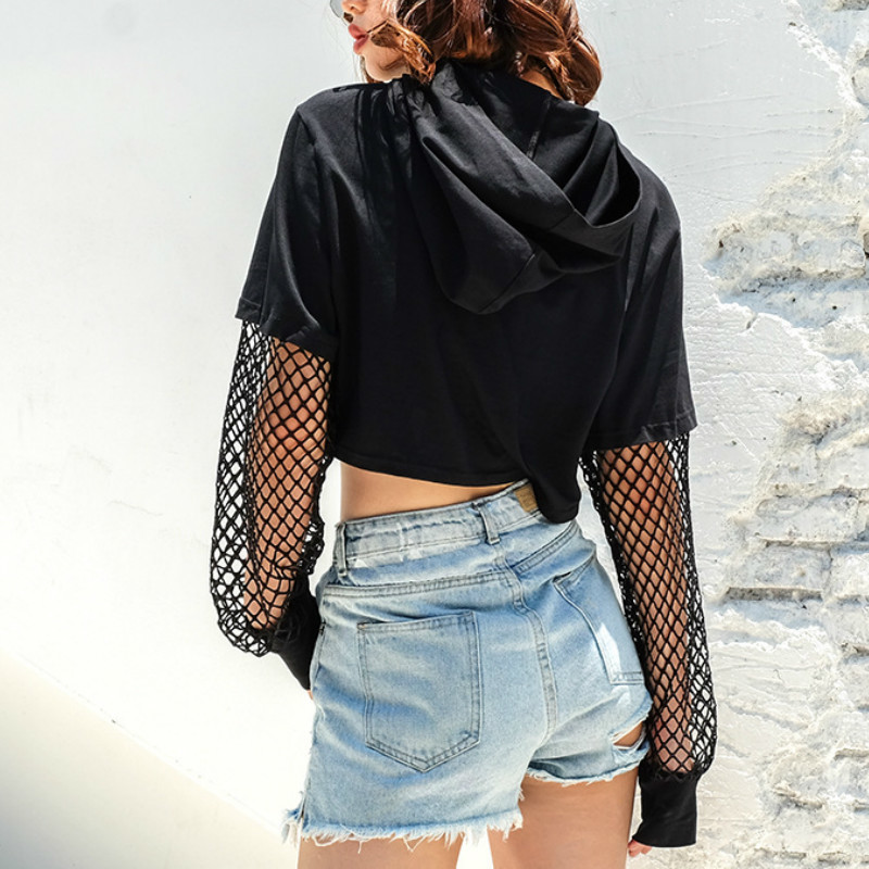 Kimutomo Women Letter Printing Hoodie Summer Female Fishnet Patchwork Long Sleeve Short Pullovers Streetwear Fashion 210521
