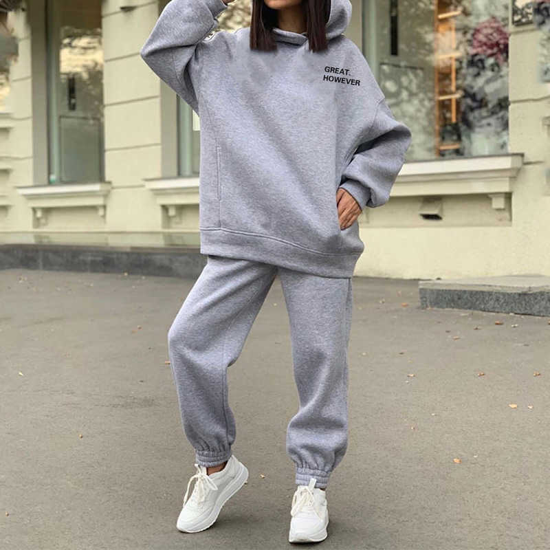 Letter Printed Women's Fleece Tracksuit Hoodies Hooded Oversized Long Sleeve Suit 2 Piece Set Female Sport Pants Lady Set 210709
