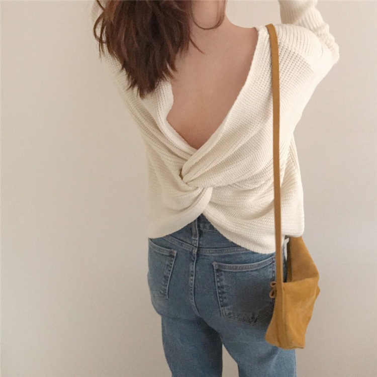 Women's Pullovers Korean-Style Back Wearable V-neck Short Section Long-Sleeved Knitted Sweater Autumn Clothes Women 916D 210420