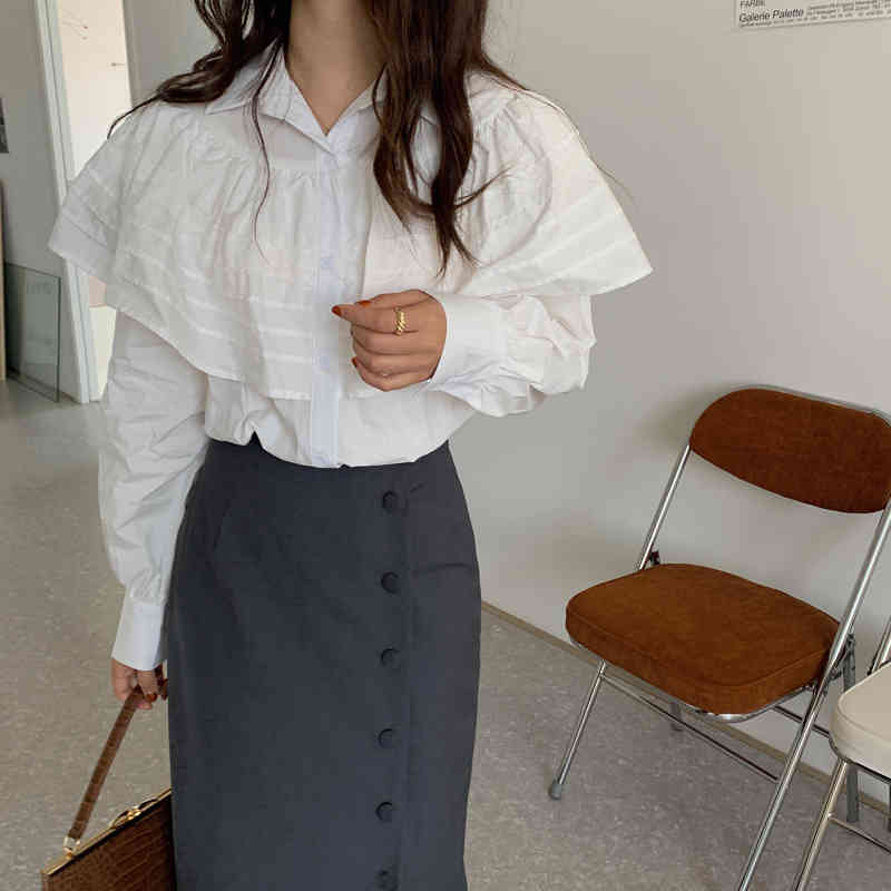 Ruffles Female Streetwear Stylish Chic Korean White Vintage Brief Solid All Match Retro Office Lady Shirts 210421