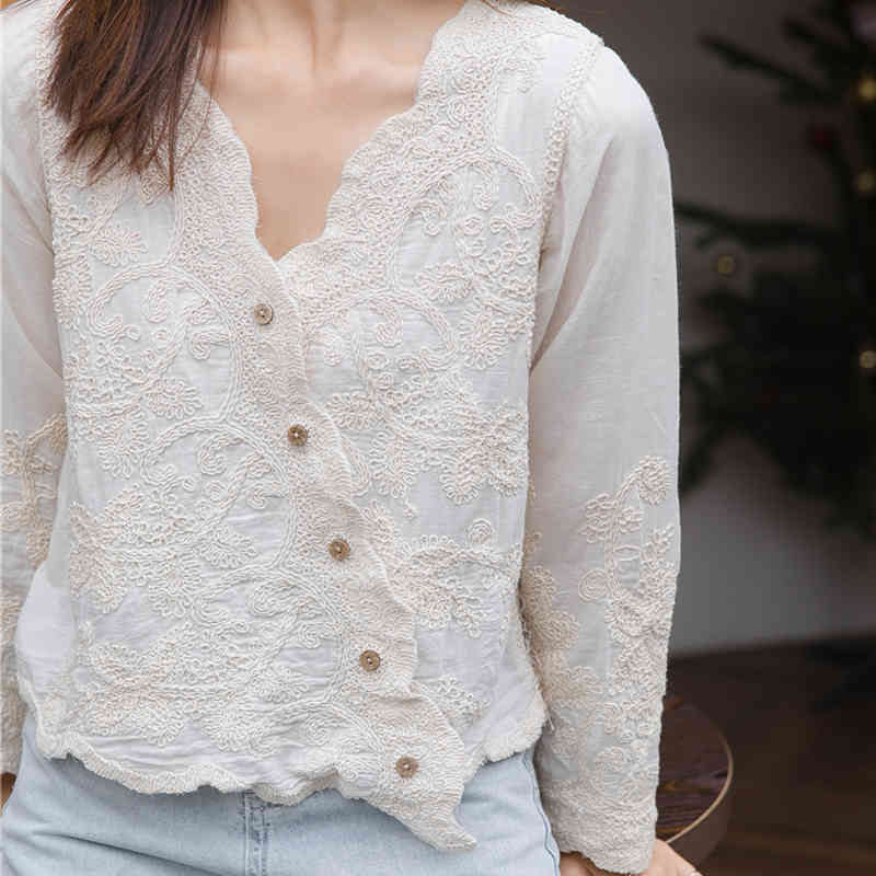 Casual tops V-Neck Button Women Shirts Cotton Floral Embroidery Blouse Solid white Long Sleeve Female Clothing 13332 210506