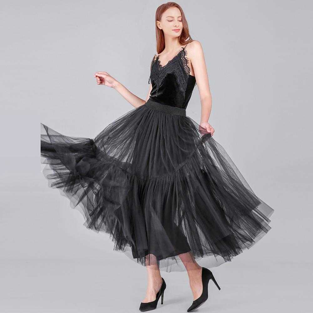 90 cm Runway Soft Tulle Skirt Hand-made Maxi Long Pleated Skirts Vintage Petticoat Voile Jupes Falda 210621